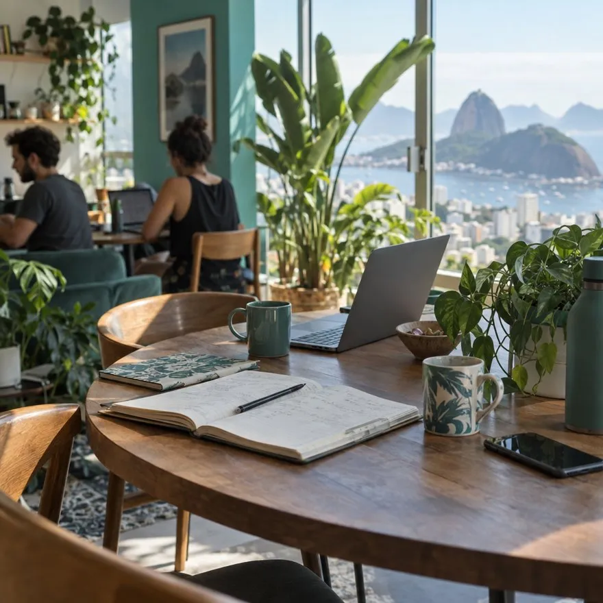 Duas pessoas trabalhando em notebooks numa sala com plantas, com a baía e o Pão de Açúcar pela janela