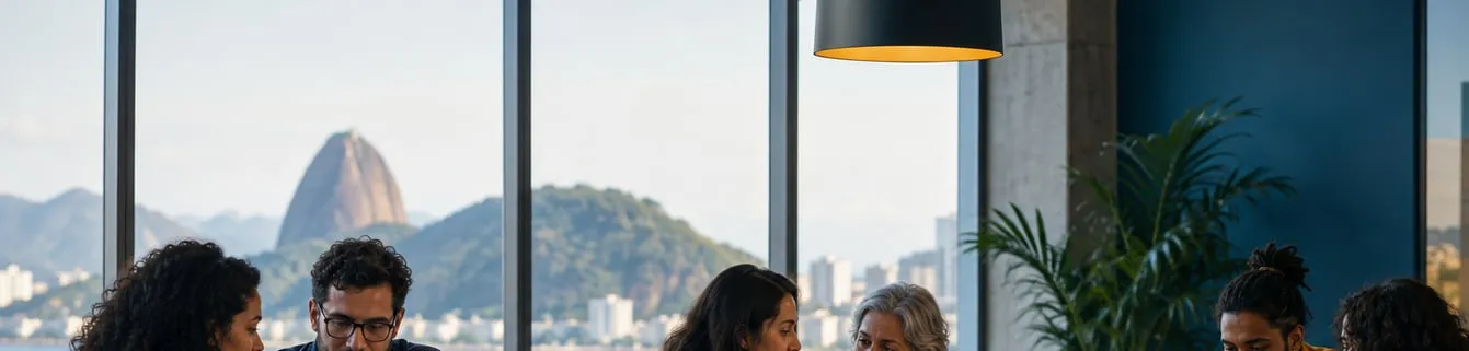 Pessoas reunidas em volta de uma mesa, diante de uma janela ampla