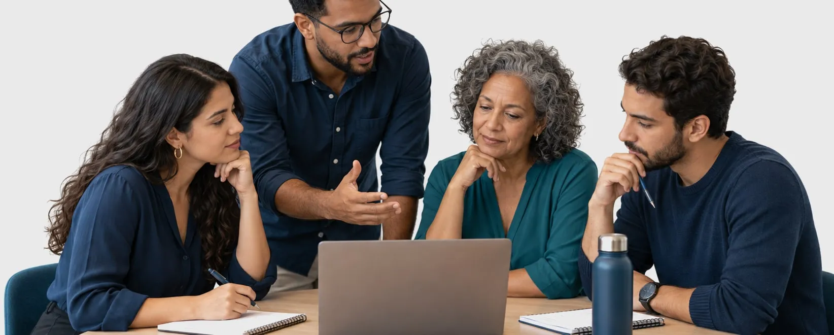 Quatro pessoas reunidas em volta de um notebook, sorrindo