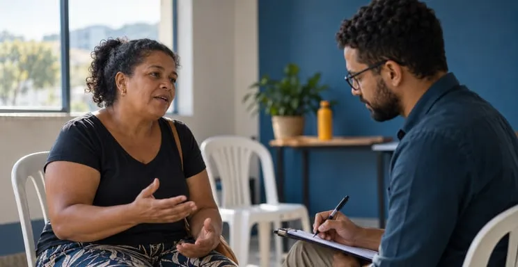 Duas pessoas sentadas conversando, uma delas anotando em uma prancheta