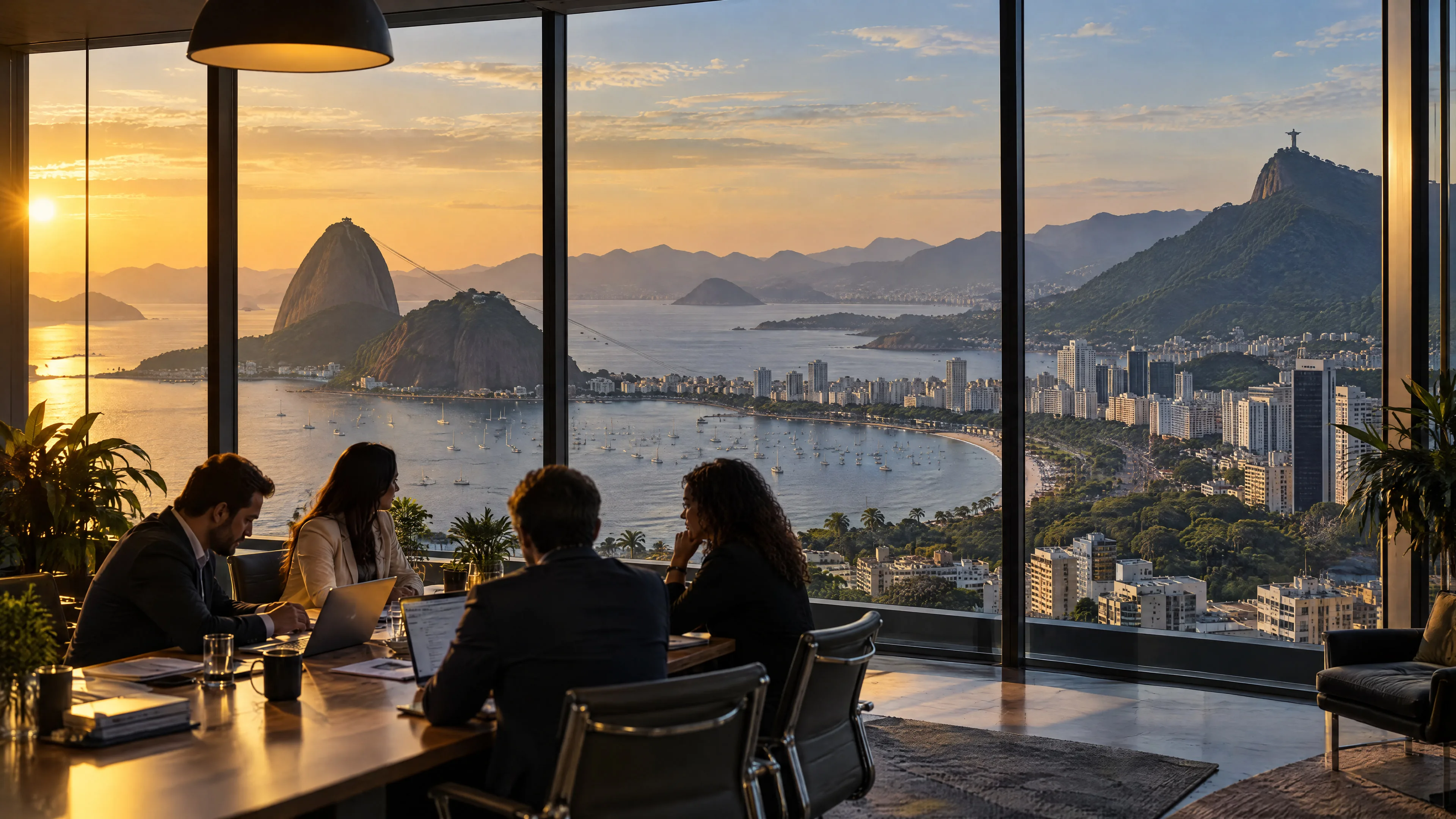 Equipe reunida à mesa em um escritório envidraçado no Rio de Janeiro, com o Cristo Redentor e a baía ao fundo, ao pôr do sol
