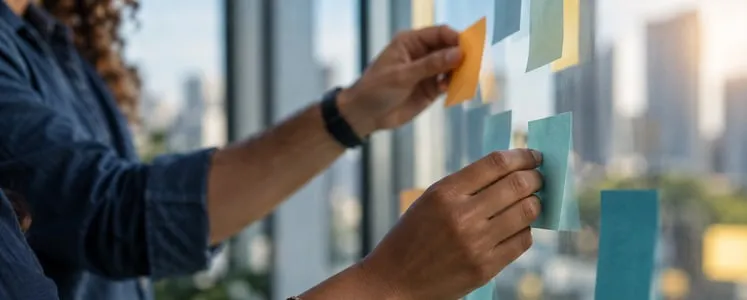 Mãos colando anotações coloridas em um painel de vidro